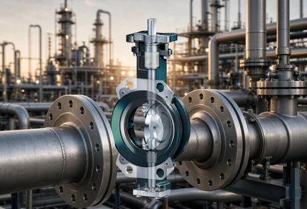 Triple offset butterfly valve installed in an industrial pipeline